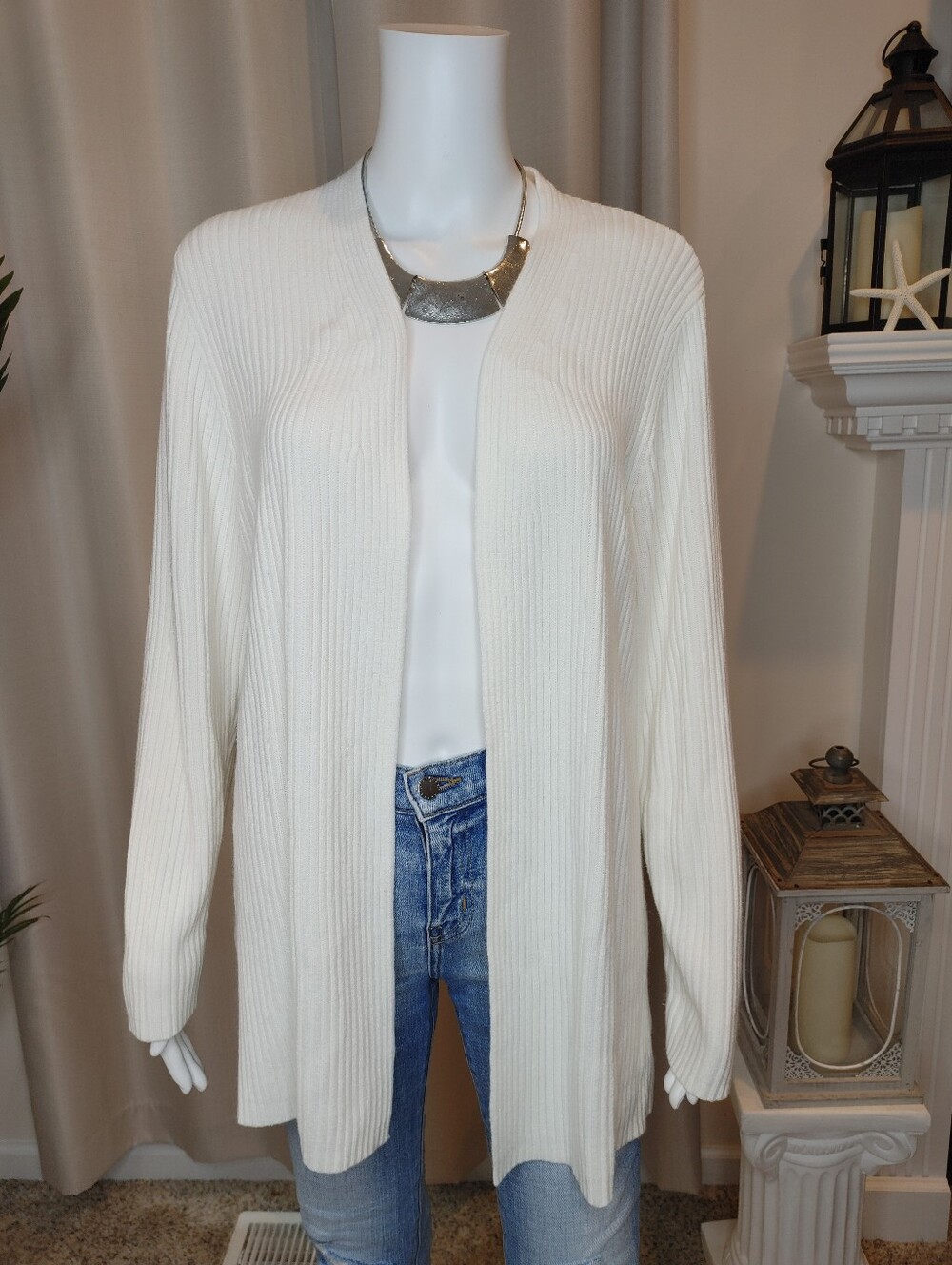 DESIGNERS ORIGINALS RIBBED OPEN FRONT CARDIGAN, BEIGE XL